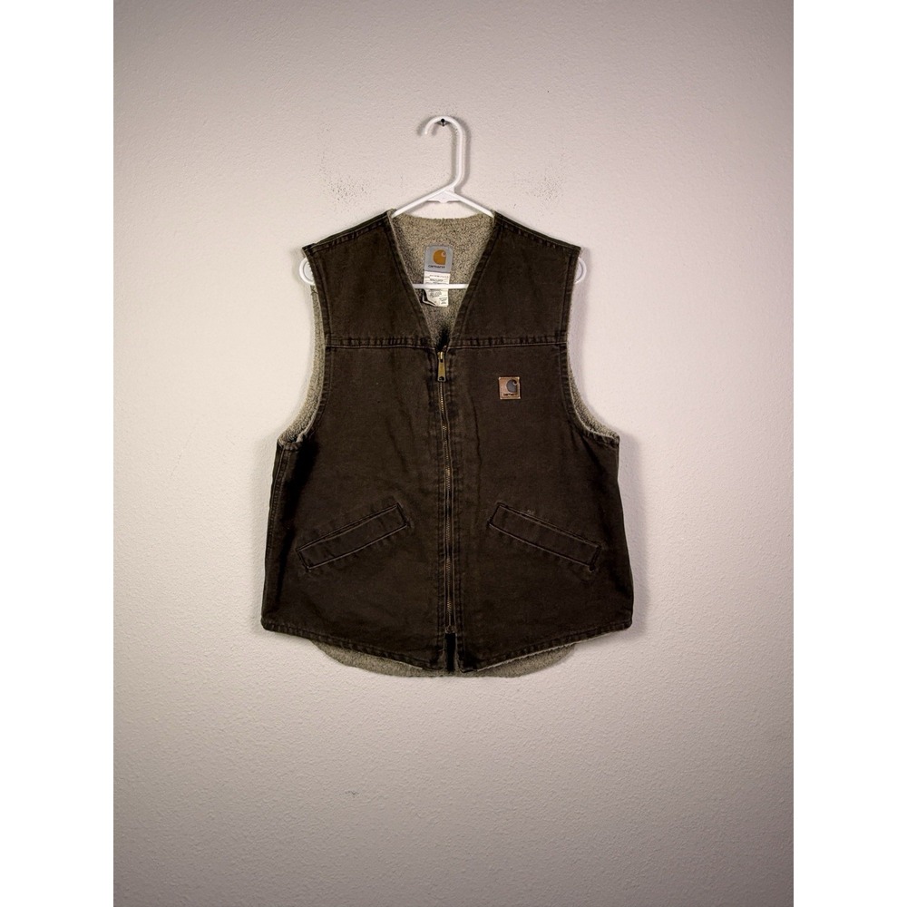 Vintage USA Carhartt Brown Sherpa Lined Zip Up Canvas Duck Vest Sz M